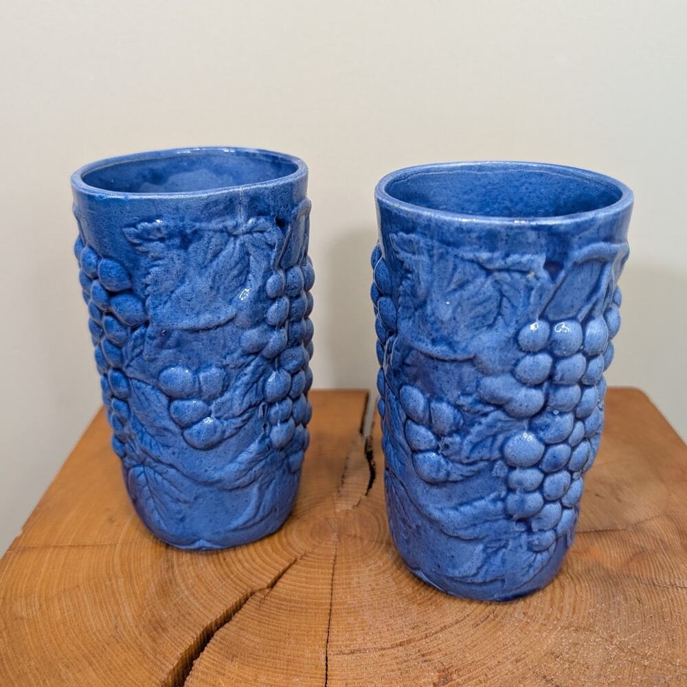 Inarco Pottery Cups Mood Indigo Grapevine Motif Blue Ceramic Stoneware Set of 2